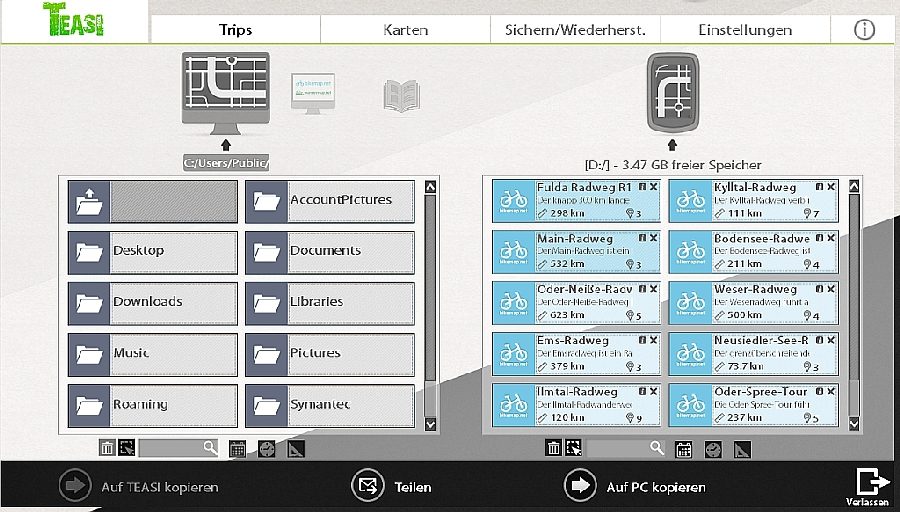Eigene oder bestehende Touren einfach via PC auf das Teasi Pro laden.