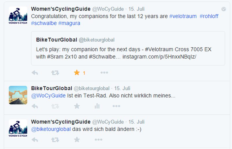 Twitter-Konversation zwischen Dorothee und mir zum Velotraum