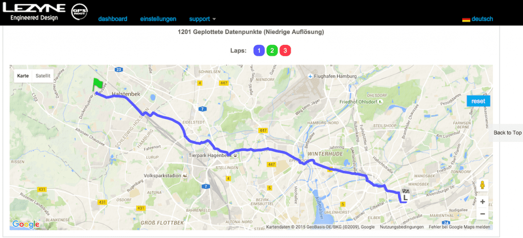 Darstellung der aufgezeichneten Route im Lezyne GPS Portal (übrigens meine #bike2work Strecke)